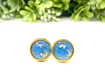 Gold Flake Stud Earrings, 12mm Blue & Gold Foil Stud Earrings, Sparkly Stud Earrings, Handmade Resin Jewelry, Pastel Jewelry for Women