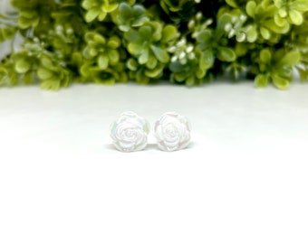 White Rose Earrings - 11mm White Iridescent Flower Stud Earrings - White Floral Earrings - Simple Cottagecore Jewelry - Gift for Her