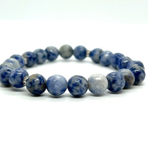 Blue Sodalite Beaded Bracelet - 8mm Faceted Sodalite + Silver Rhinestone Accents - Crystal Healing Jewelry - High Quality Gemstone Bracelet