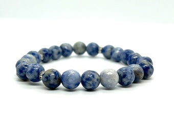 Blue Sodalite Beaded Bracelet - 8mm Faceted Sodalite + Silver Rhinestone Accents - Crystal Healing Jewelry - High Quality Gemstone Bracelet