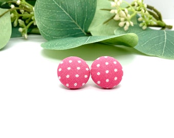 Stud Earrings, Handmade Pink Polka Dot Button Earrings, Spring and Summer Earrings, Boho Earrings, Gifts for Her