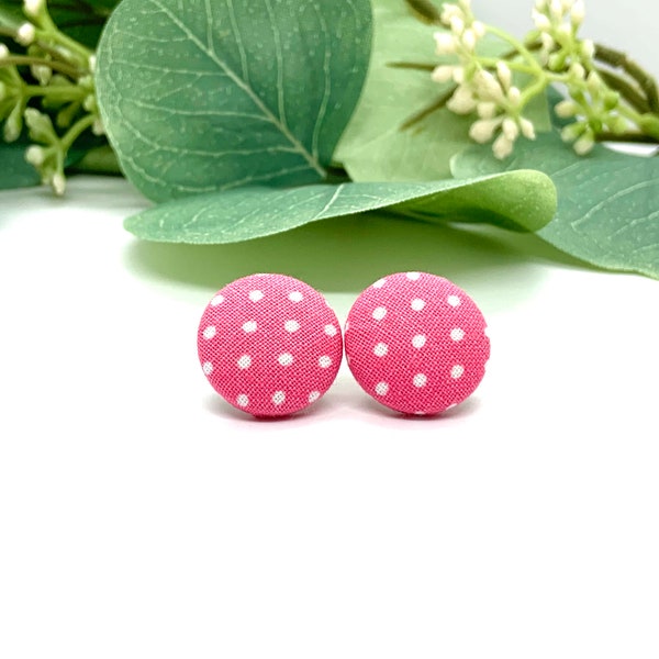 Stud Earrings, Handmade Pink Polka Dot Button Earrings, Spring and Summer Earrings, Boho Earrings, Gifts for Her