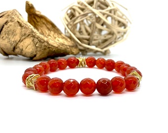 Carnelian Bracelet - 8mm Genuine Faceted Carnelian Crystal - Natural Gemstone Bracelet - Crystal Healing Jewelry for Confidence + Creativity