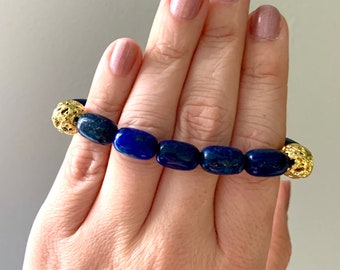 Lapis Lazuli Beaded Gemstone Bracelet - Lapis Lazuli Crystal Bracelet with Gold Lava Bead Accent Stacking Bracelet - Healing Crystal Jewelry