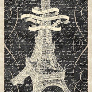 May include: Illustration of the Eiffel Tower in black and white, set against a backdrop of script. The banner reads "LA TOUR EIFFEL" and "ET LES JARDINS DU CHAMP-DE-MARS". The word "PARIS" is at the bottom. Decorative border.