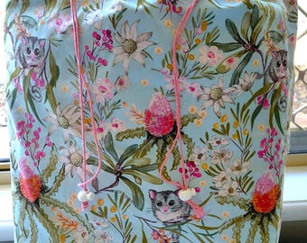 XLarge Drawstring  Laundry Storage Bag. Possums and Flowers,  Lined,  Handmade