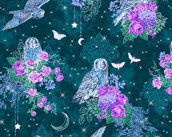 Mystic Moon, Quilting Fabric Flowers, Stars , Moon, Owls,  Silver Metallic, Robert Kaufman Fabric 46x112cm