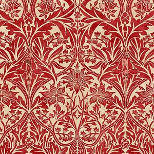 May include: A repeating floral pattern in red and cream. The design features stylized flowers, leaves, and vines, arranged symmetrically. The ornate pattern evokes the style of vintage wallpaper or fabric, with a classic aesthetic.