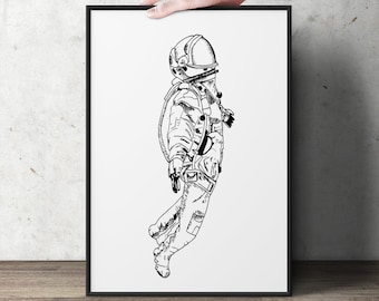 Astronaut Line Art Print | Black White Space Wall Art (Digital Download)