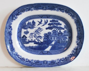 Antique English Willow Ware Platter, Blue Transfer Serving Dish, Flow Rectangle Plate