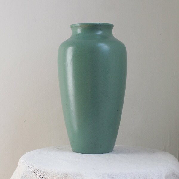 Vintage Zanesville Ohio Stoneware Vase, Large 37, Matte Green Art Pottery, Olive Jar, Arts and Crafts Urn