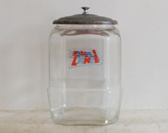 Vintage Large Glass Lance Cracker Jar, Cookie, Candy, Storage Jar, Heavy Glass, Original Metal Lid, Store Counter Display