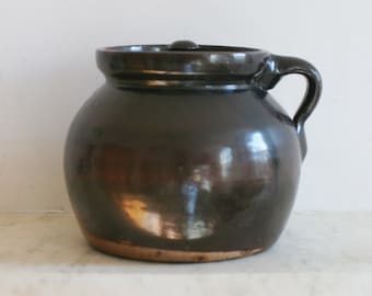 Antique Brown Salt Glaze Crock with Lid, Handle, Urn, Stoneware Jar, Thumb Print, 1800s, Manganese