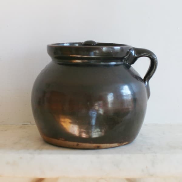 Antique Brown Salt Glaze Crock with Lid, Handle, Urn, Stoneware Jar, Thumb Print, 1800s, Manganese