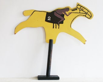 Vintage Race Horse Carnival Game, Folk Art Plywood Painting, Racing Yellow Horse, Jockey Fair Toy, #2