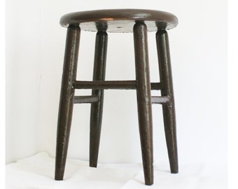 Vintage Wood Step Stool, Handmade Utility Stool, Plant Stand, Wooden Display, Brown Paint, 4 Legs