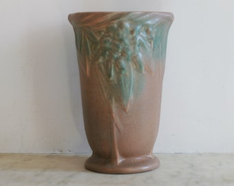 Vintage McCoy Tab Ear Handle Vase, Leaves and Berries, Matte Brown Green Pink, Large, 1930s