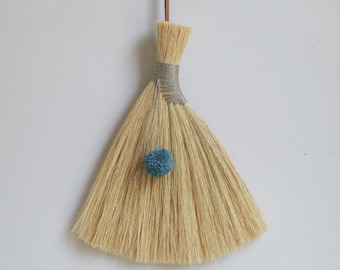 Handmade Broom, Tampico Wing Whisk, Hand Brush with Blue Green Wool Pompom,  Linen and Leather
