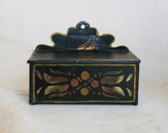 Antique Metal Tole Box, Hinged Early Toleware Wall pocket Match Holder, Cardinals, Birds, Hand Painted Stencil
