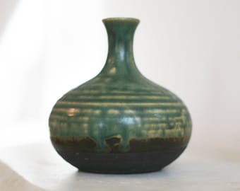 Vintage Mid Century Modern Vase, Small Handmade Studio Stoneware, Art Pottery, Green Brown Glaze