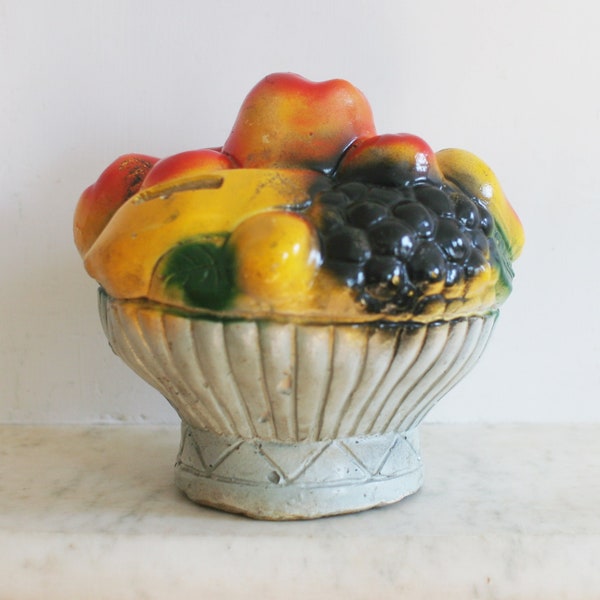 Vintage Chalkware Fruit Bowl Bank, Carnival, Plaster Midway Prize, Chalk Ware 1940s