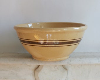 Extra Large Antique Yellow Ware Striped Mixing Bowl, Rare Huge Banded, Round Rim, Three Stripe Banded Nesting, Dough, Bread 14"