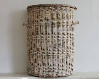 Antique Woven Clothes Hamper, White Basket Weave Laundry Bin, Shabby Chic, Vintage Basket, Swing Lid