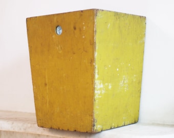 Vintage Yellow Wood Trash Bin, Handmade Wooden, Made by Hand, Wood Waste Can, Box