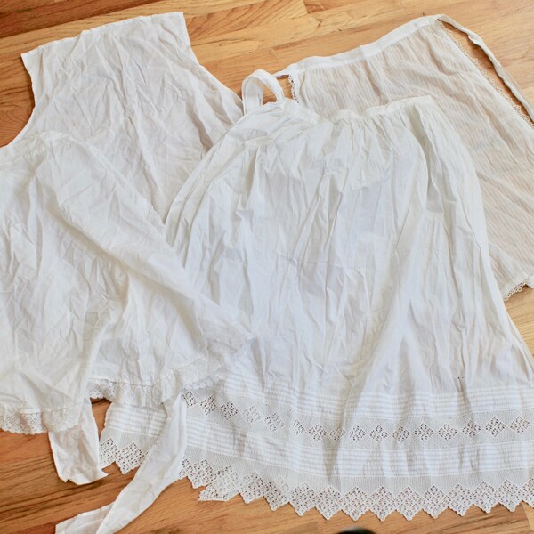 Antique Aprons, Lot of 4, White Cotton Full and Half Apron, Lace, Tie Straps, Maid Skirt, 4