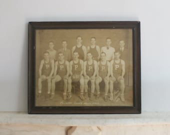 Vintage Large Framed Basketball Team Photograph, Pulaski Young Men's Club, 1937, Black and White Sepia Photo