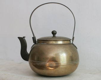 Antique Brass and Bronze Kettle, Arts and Crafts Handmade Tea Pot, Square Spout, Tilt Handle, Spout Cap, Lid