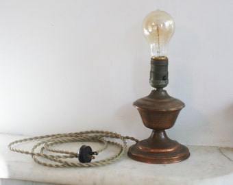 Vintage Copper Table Lamp, Rewired, New Wiring, 6 Foot Fabric Cord, Hammered Copper, Small Light, Edison Bulb