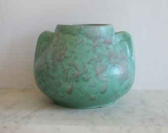 Vintage Brush McCoy Ear Handle Vase , Green Mottled Vellum Urn, Art Pottery, Excellent Condition