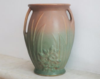 Vintage Large Nelson McCoy Double Handle Vase, Leaf and Flowers Matte Brown, Green, 1930s, As Is
