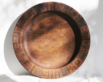 Antique Bread Board, German Carved Engraved Round Plate, Gib Uns Heute-UnserTaglich Brot, Give Us This Day Our Daily Bread