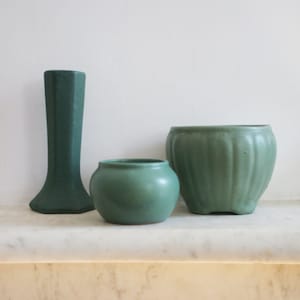 Vintage 3 Matte Green Weller, Zanesville  Pots, 6 Side Vase, Arts and Crafts, Art Pottery, Lot of Three, Excellent Condition
