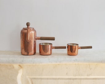 Vintage Mid Century Modern Copper and Wood Coffee Set, Mod, HandmadeTea, Hot Chocolate, Lot of Three