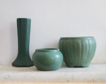 Vintage 3 Matte Green Weller, Zanesville  Pots, 6 Side Vase, Arts and Crafts, Art Pottery, Lot of Three, Excellent Condition