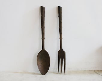 Vintage Wooden Salad Servers, Hand Carved Branch Thorns, Handmade Wood, Set of Two, Spoon, Fork, Sculpture