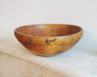 Vintage Turned Wood Dough Bowl, with Anchor, Stars, Made By Hand Folk Art, Frank, Folk Art, Nautical
