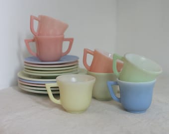 Vintage Hazel Atlas Glass Child Tea Set, Little Hostess Party Toy, Pastel Lot of 17, Mid Century