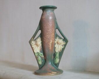 Vintage Roseville Dahlrose Brown Wing Handled Bud Vase 78-8, 1928,  Arts and Crafts Pottery