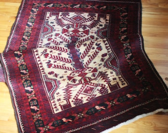 Vintage Wool Rug, Large Hand Knotted, Birds, Flowers, Red, Green, Cream, Black, Handmade