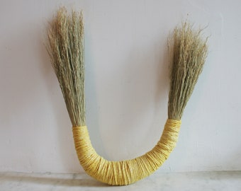 Handmade Double Broom, Broom Corn Hand Brush, Curved Sculpture, Turmeric Dyed Cotton, Moon Shape, Ritual