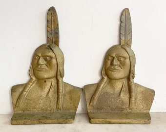 Antique Native American Folk Art Sculpture, Two Indian Book Ends, Pair Cast Metal Busts, Lot of 2,  Feather, Rare