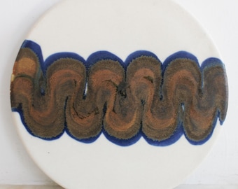 Vintage Fred Evangel Ceramic Trivet, Albuquerque New Mexico, Round Handmade Blue Brown Glaze, 1970s