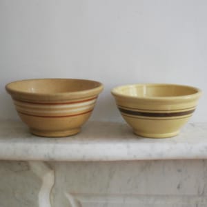 Two Antique Yellow Ware Striped Mixing Bowls, Banded, Round Rim, Four Stripe, Three Stripe Banded Nesting, Dough, Bread, Lot of 2
