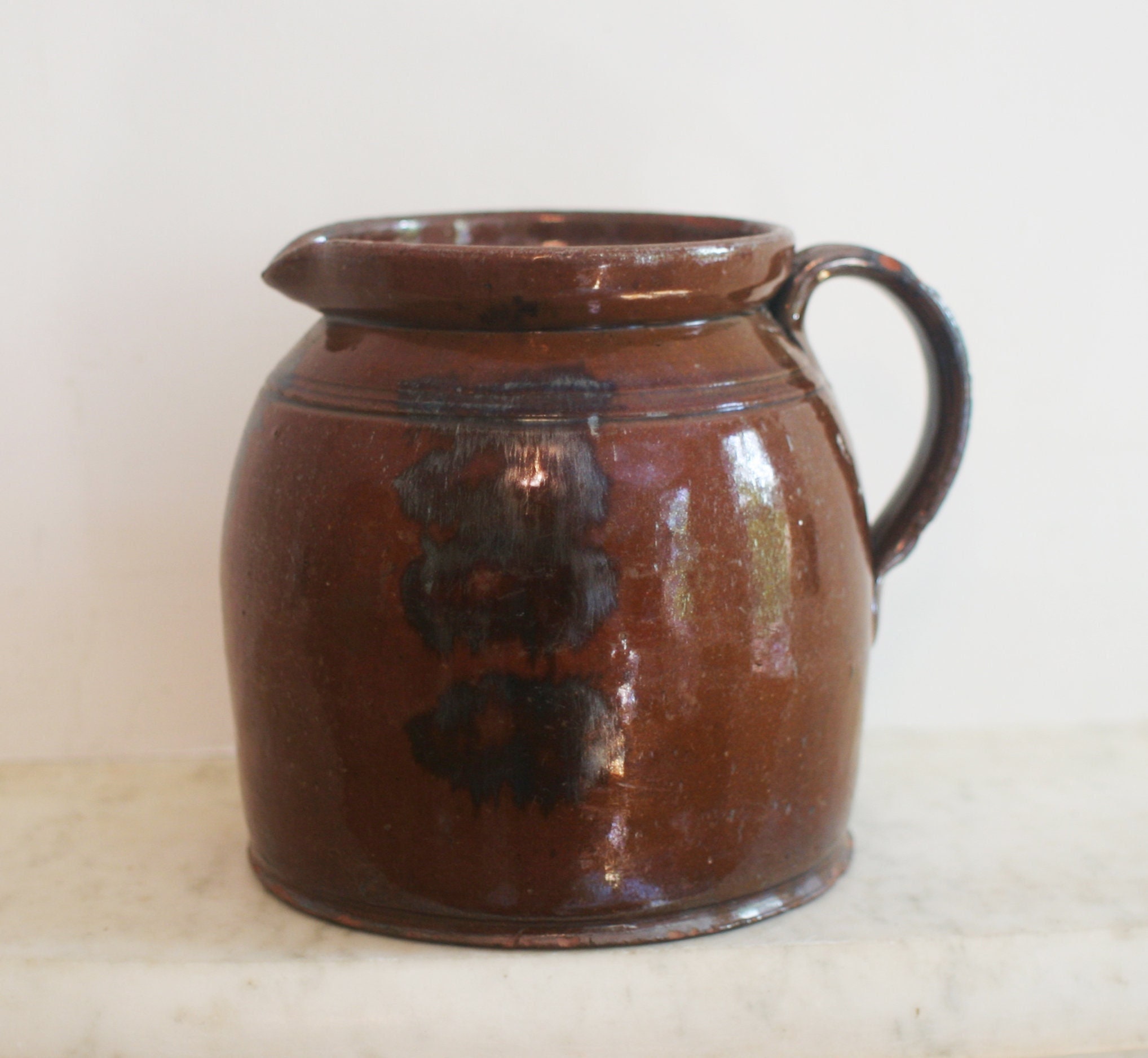 Vintage Ceramic Red Clay Dark Brown Glaze Primitive Pitcher 6” Jug