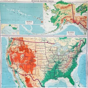 May include: A vintage map of the United States with state borders outlined in red. The map shows the states in different colors, with a focus on the western states. The map is titled "Denoyer-Geppert Series".
