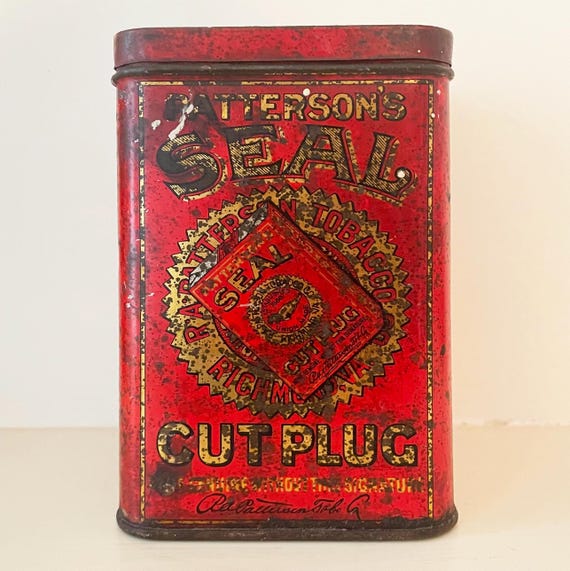 Antique Patterson's Seal Cut Plug Tobacco Tin, Red, Gold Metal Box with Lid